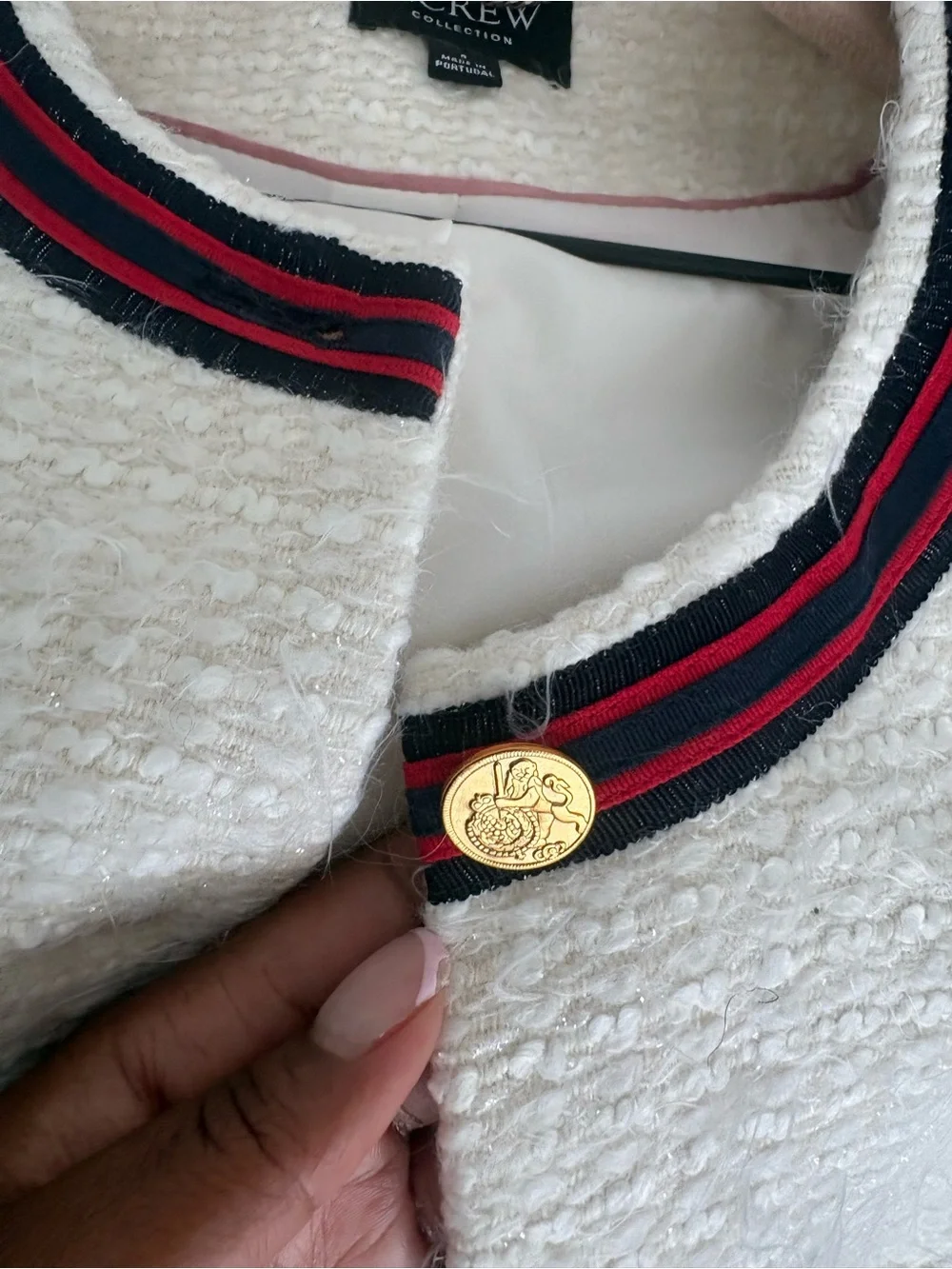 J. Crew Cream Tweed Blazer with Red & Black Stripe Trim